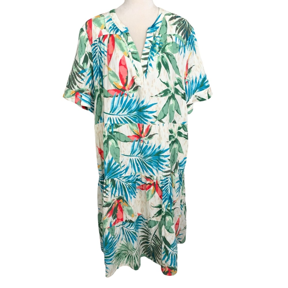 Chicos Floral Tiered Cotton Midi Dress Size 4 (XXL) V-Neck Tropical Short Sleeve